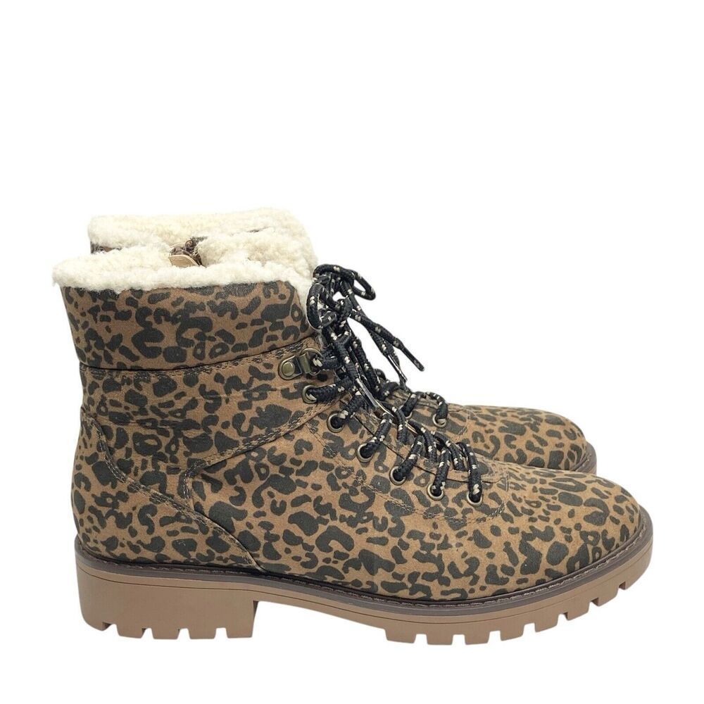 Loft Womens Size 9 Animal Faux Suede Combat Boots Shearling Lined Brown Black